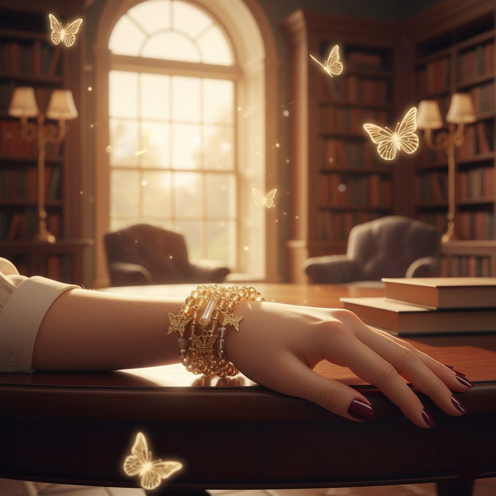Hand with gold bracelet on a table in a cozy room with bookshelves and butterflies.