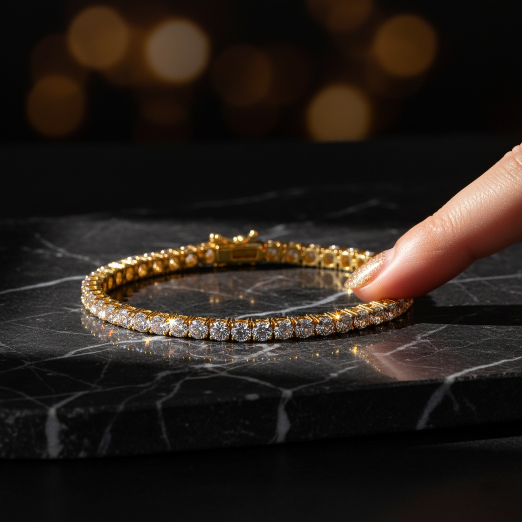 gold bracelet with AAA+ cubic zirconia on a black marble surface