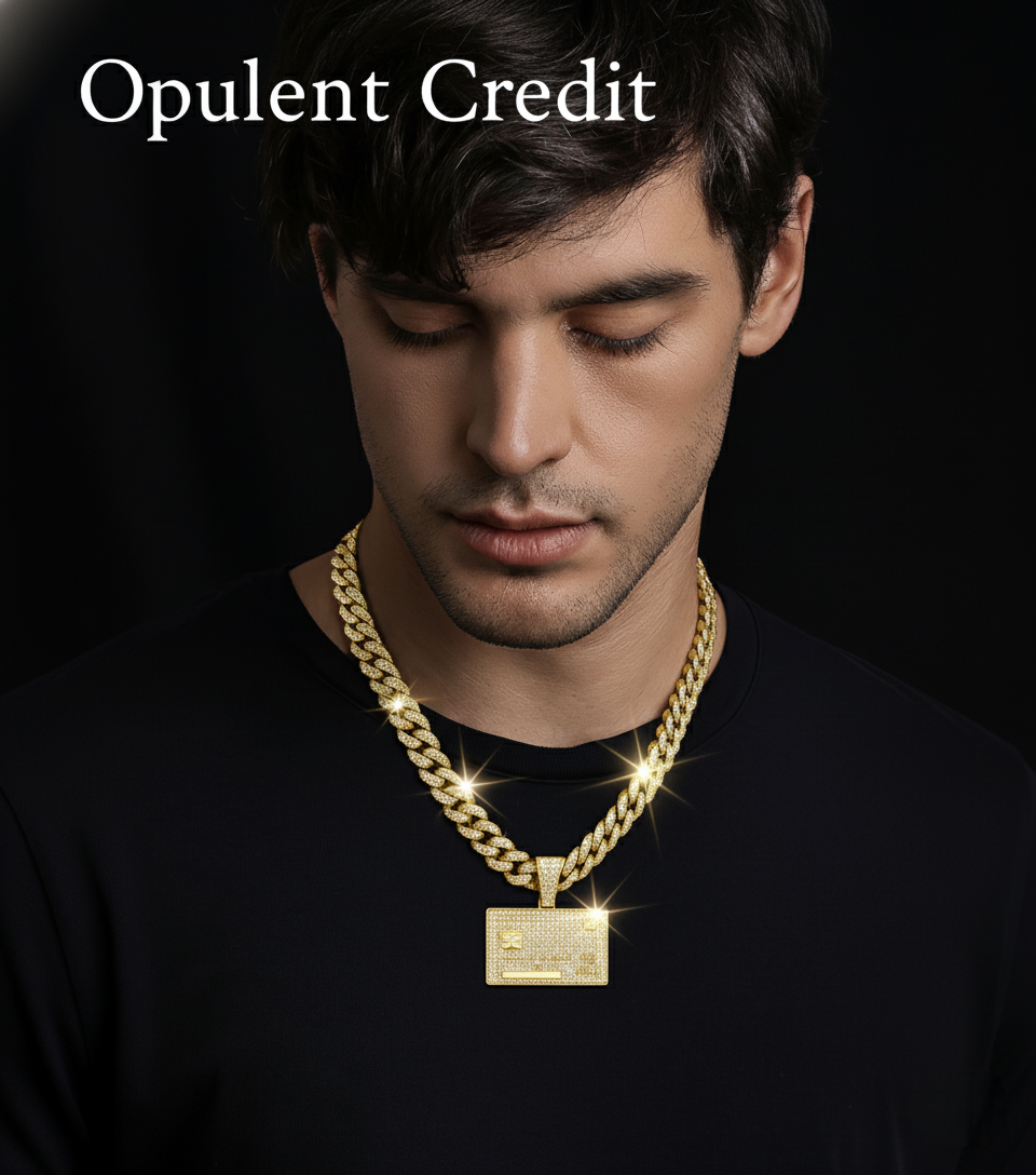 Man wearing a gold chain necklace with a pendant, branded 'Opulent Credit', on a dark background.