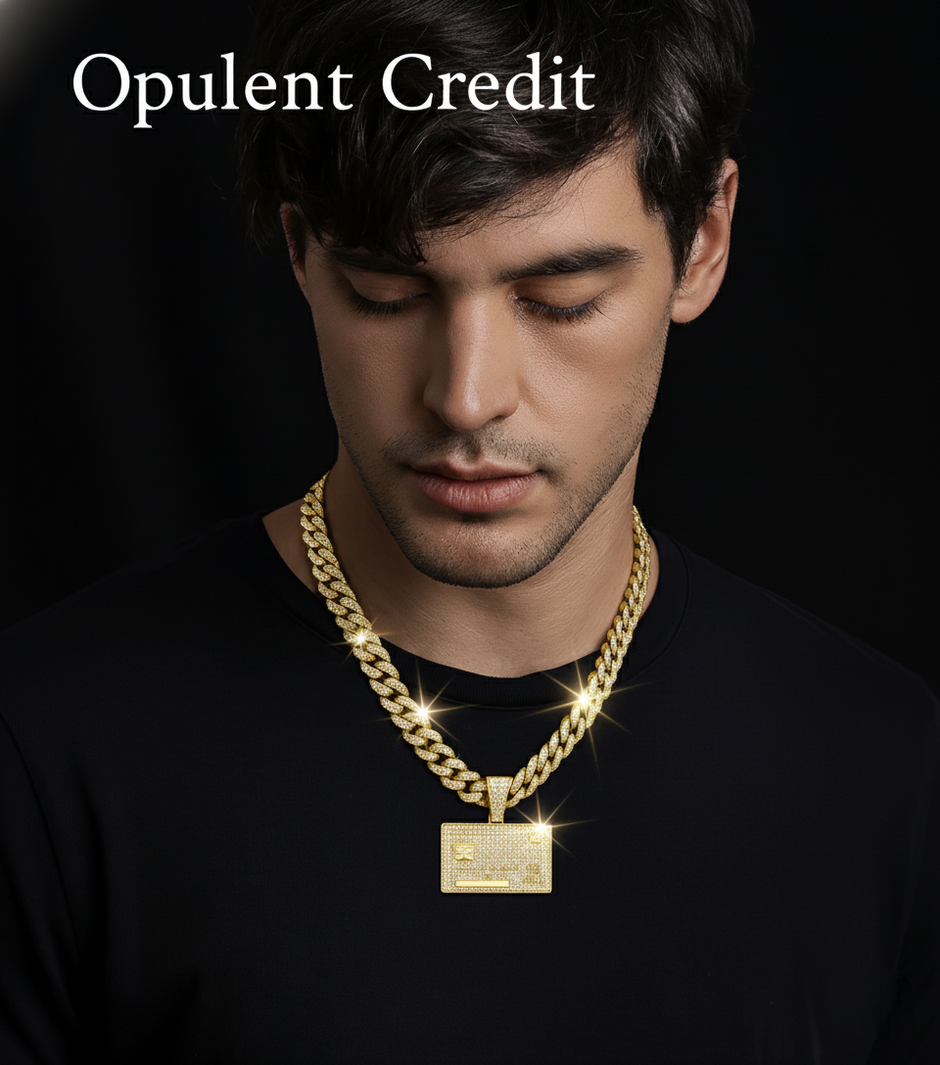 Man wearing a gold chain necklace with a pendant, branded 'Opulent Credit', on a dark background.