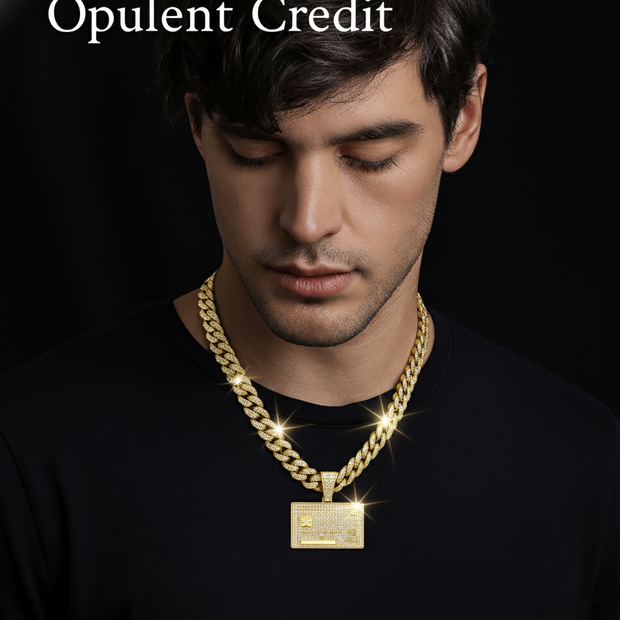 Man wearing a gold chain necklace with a pendant, branded 'Opulent Credit', on a dark background.