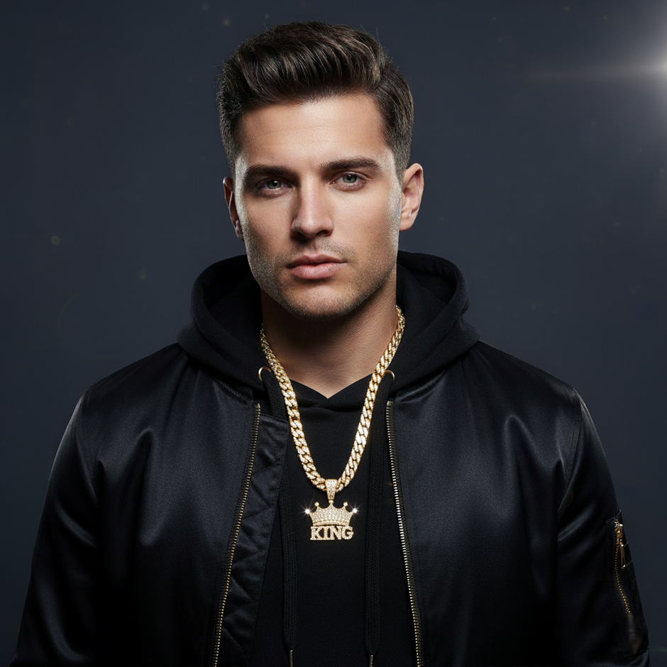 Man wearing a black hoodie and gold chain with 'KING' pendant on a dark background