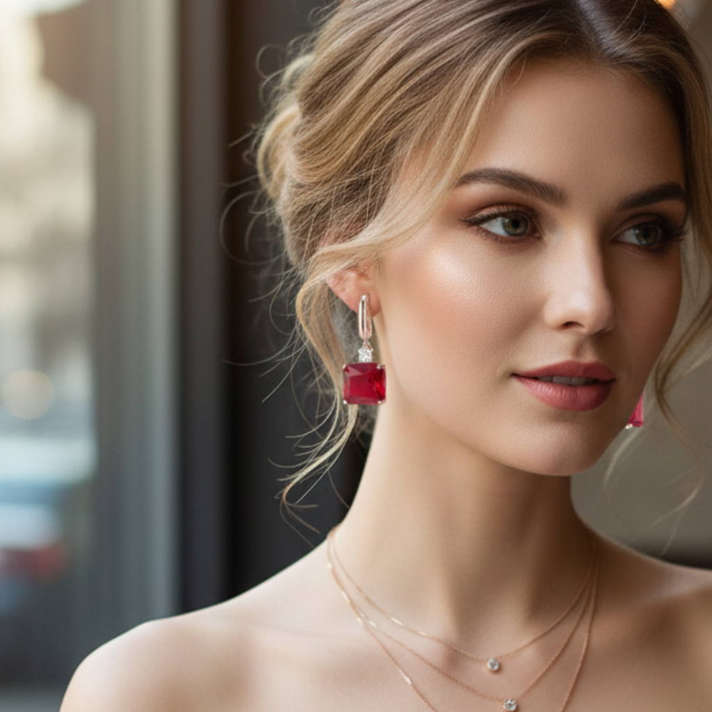 A close-up of a woman with blonde hair, wearing a gold drop earring with a square-cut red gemstone and small clear stones.
