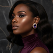 Woman wearing a purple dress and gold earrings with purple gemstones