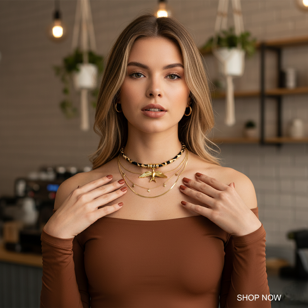 Woman wearing gold necklaces in a cozy indoor setting with 'Shop Now' text.