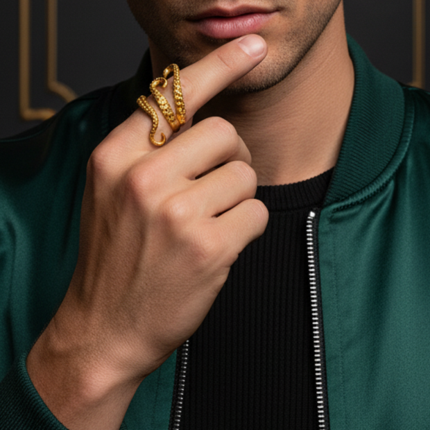 Man wearing a green jacket with a gold ring, posing thoughtfully.