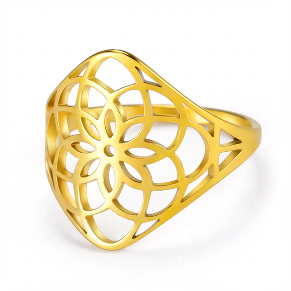 gold stainless steel ring with intricate geometric design on a white background