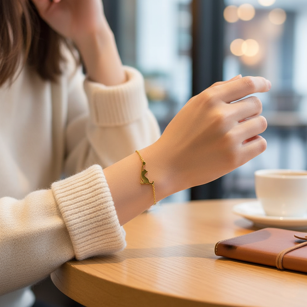 Person wearing a gold bracelet with a cat-shaped pendant with a blurred background of a cafe setting