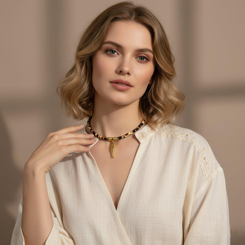 Woman wearing a necklace with a neutral background