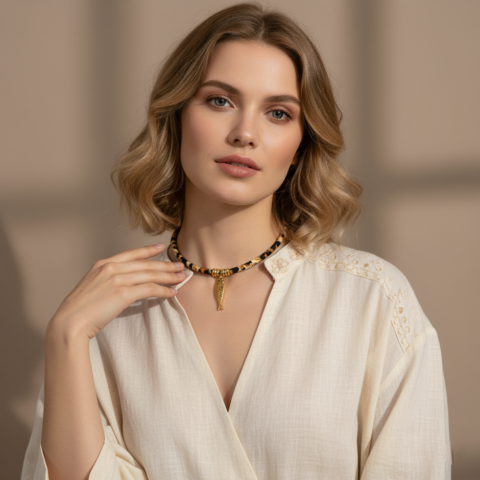 Woman wearing a necklace with a neutral background