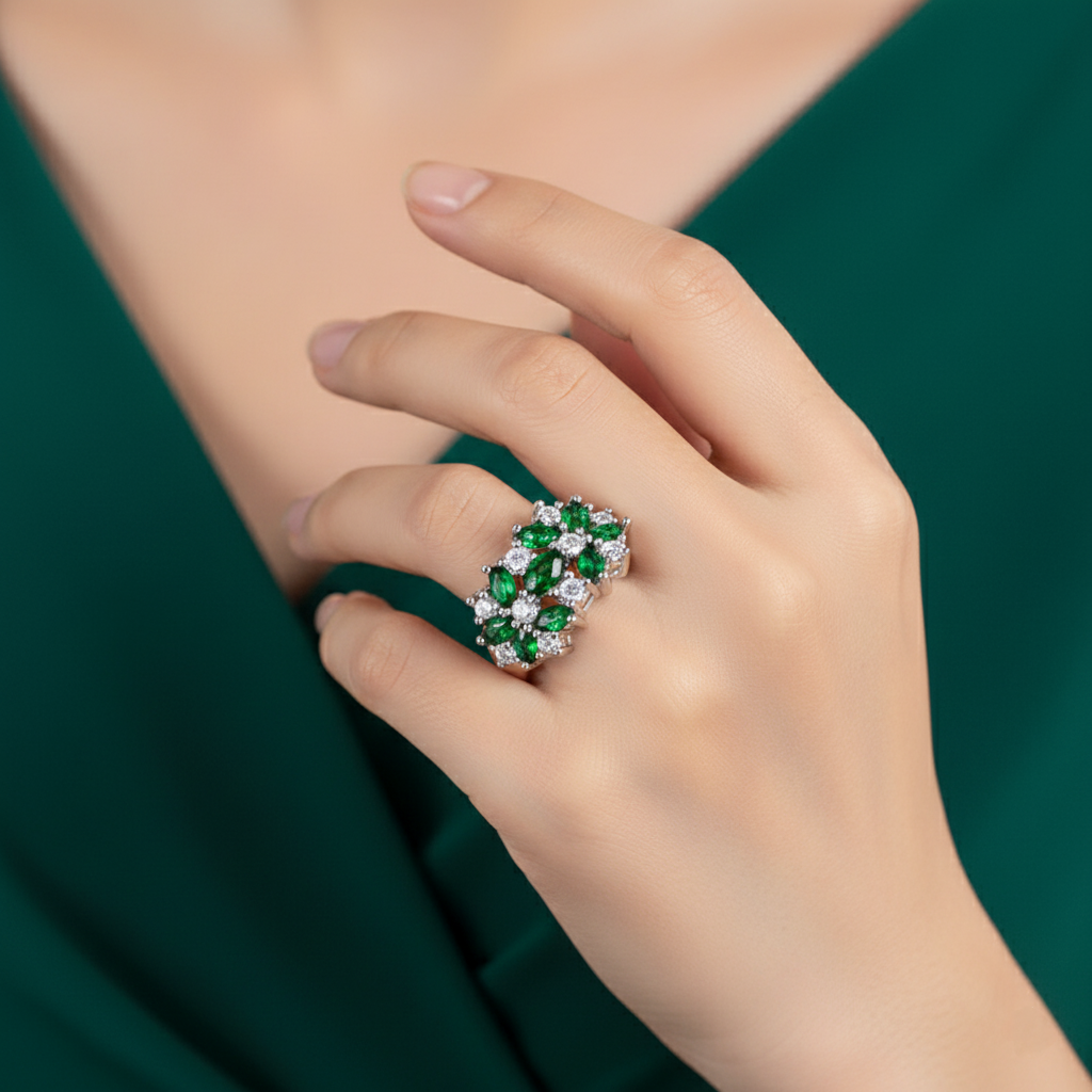 Hand wearing a green emerald and diamond ring against a green background