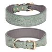Two green leather dog collars with floral patterns and gold buckles on a white background.