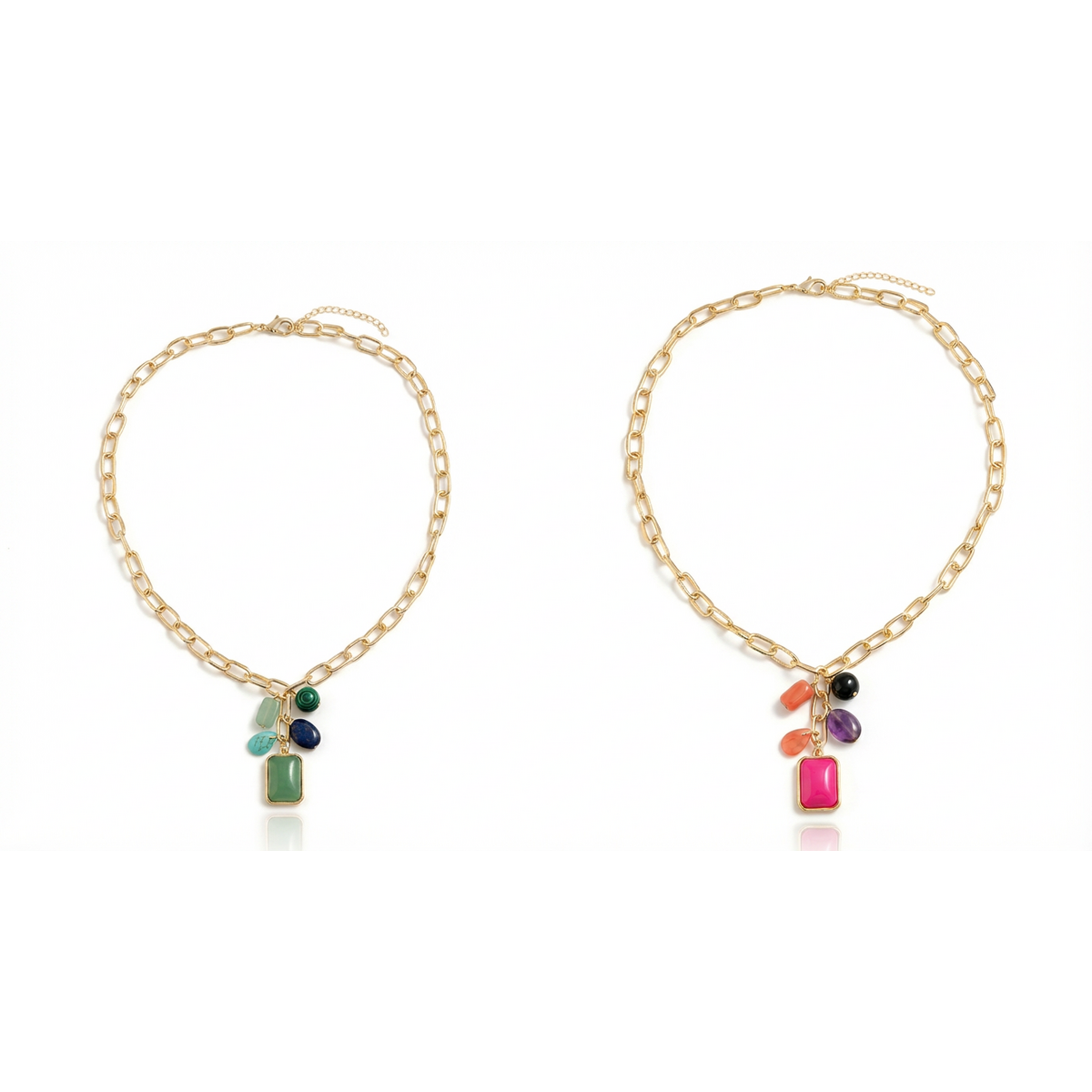 Urban Icon Necklace | Gold Statement Chain with pink Stone Pendant and another necklace with green Stone 