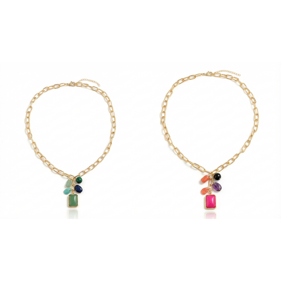 Urban Icon Necklace | Gold Statement Chain with pink Stone Pendant and another necklace with green Stone 