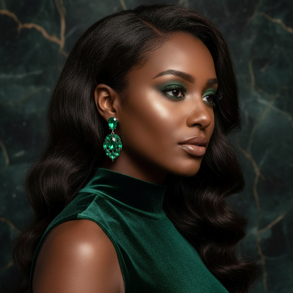 Woman wearing a Pair of green teardrop earrings  and a green dress against a dark background