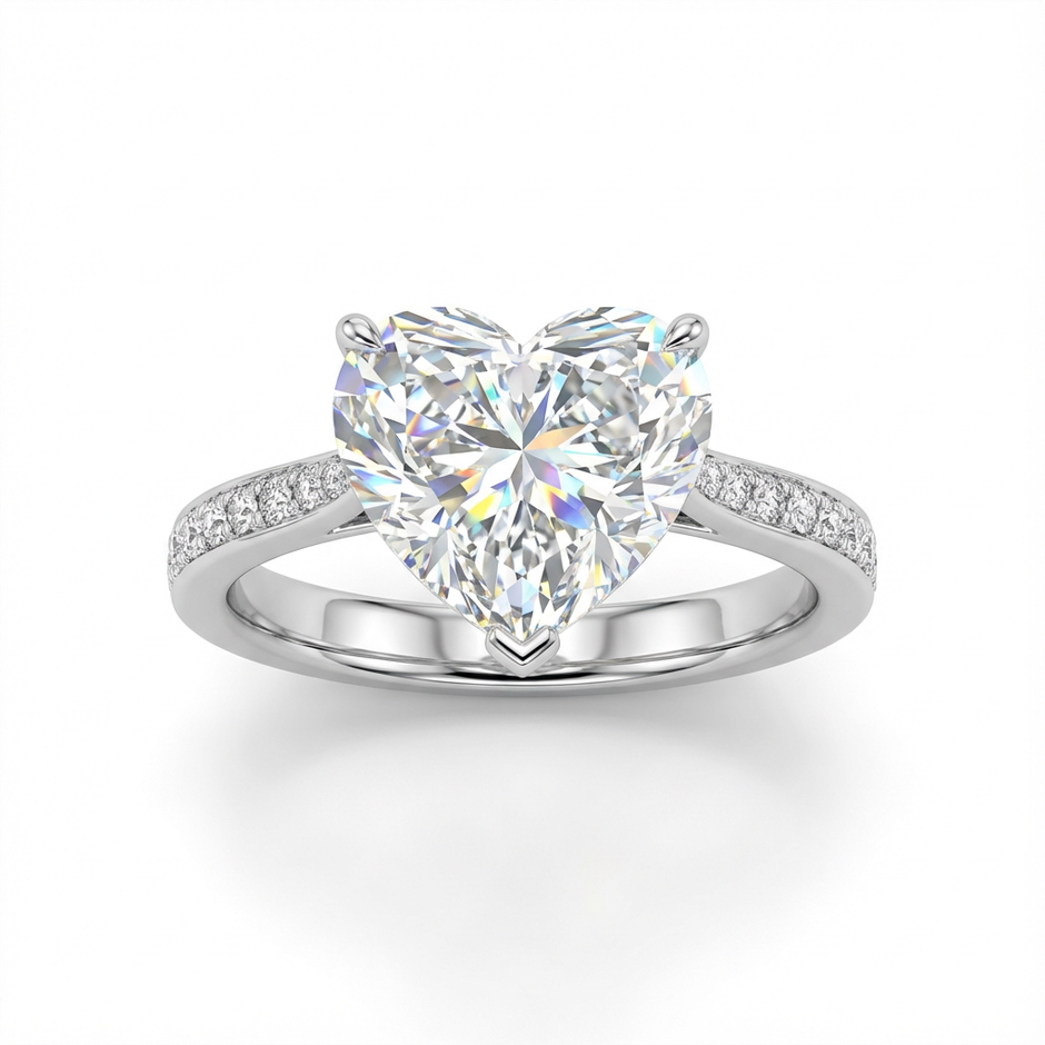 Simulated Diamond ring with a heart-shaped center stone on a white background