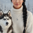 Woman in a beige sweater with a husky dog in a snowy setting