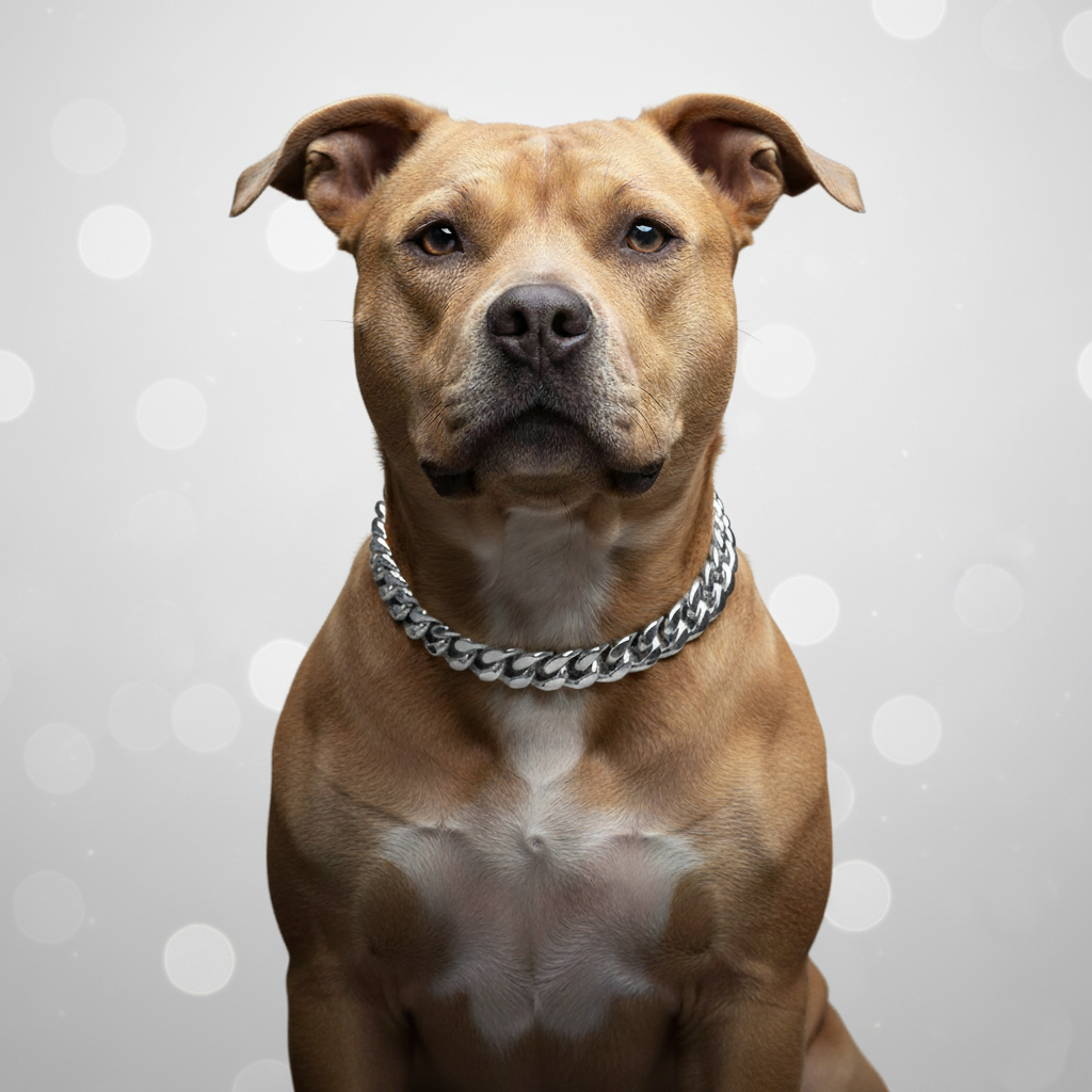 A dog wearing a large chain collar against a light gray background with white polka dots