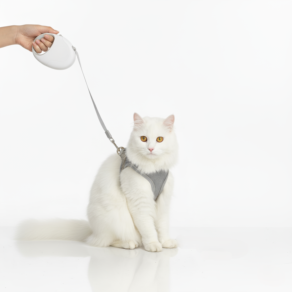 White cat wearing a harness and walking on a leash held by a person's hand on a white background