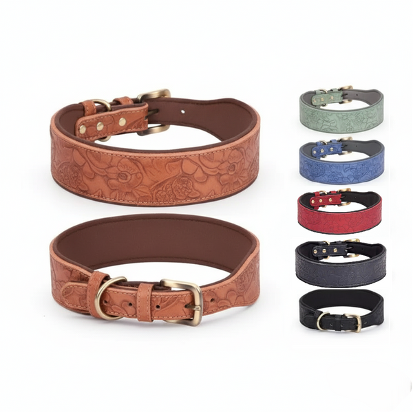 Brown leather dog collar with embossed design and gold buckle, displayed with additional color options on a white background.