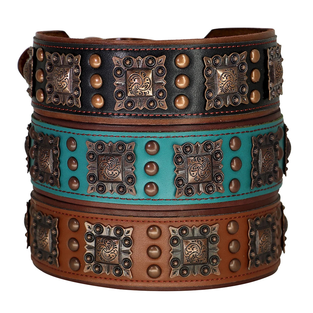 Decorative leather dogs collar with metal studs and patterns on a white background
