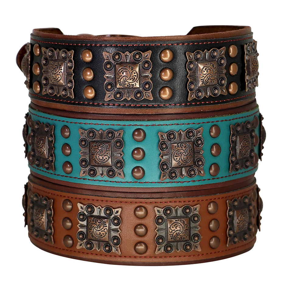 Decorative leather dogs collar with metal studs and patterns on a white background
