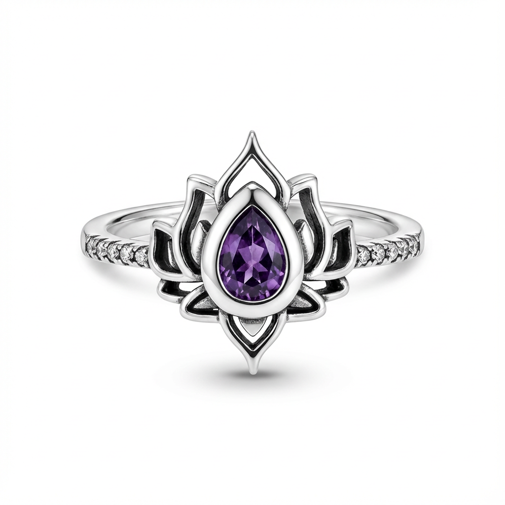 Silver lotus ring for recovery
with a purple gemstone on a white background