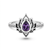 Silver lotus ring for recovery
with a purple gemstone on a white background
