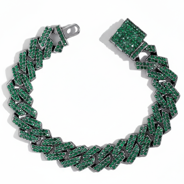 Green braided bracelet with silver accents on a white background