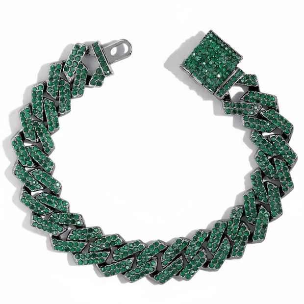 Green braided bracelet with silver accents on a white background