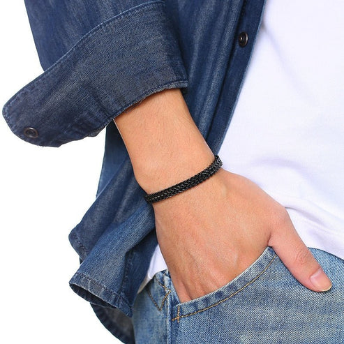 Magnetic Men's Bracelet on wrist showing 20.5cm length. Stainless steel with magnetic clasp. Modern, sleek, and comfortable fit.