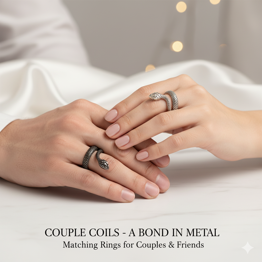 Two hands wearing matching snake-shaped rings on a soft fabric background.