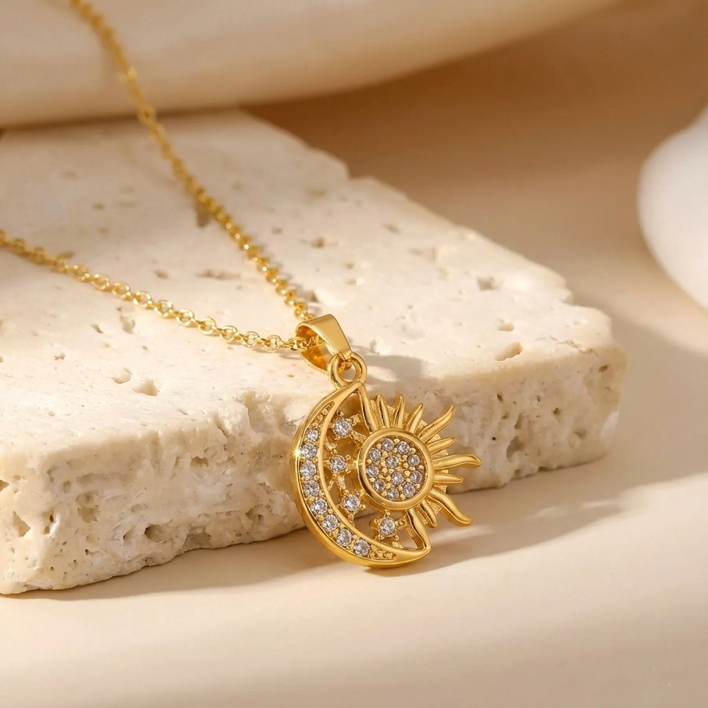 Gold necklace with sun and moon pendant on a textured beige surface