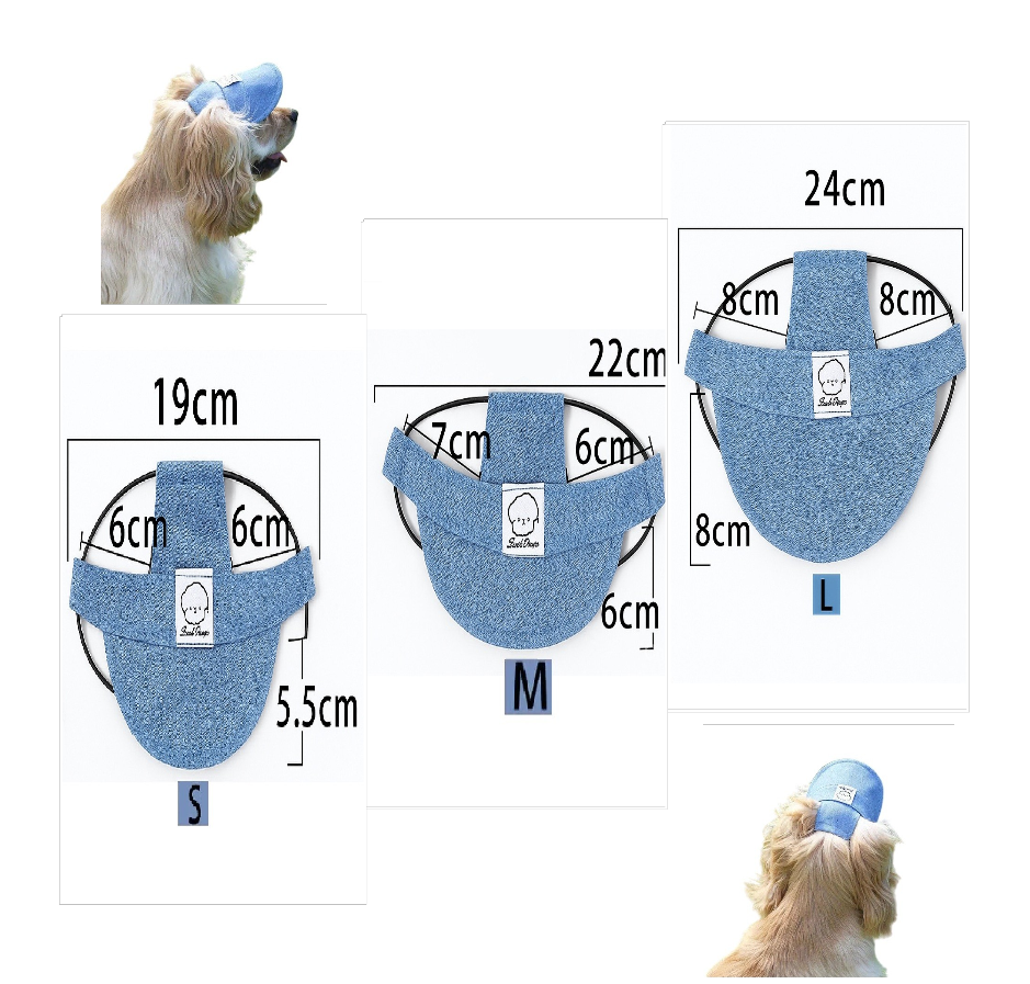 Measurement chart for a blue dog harness with sizes S, M, and L displayed.