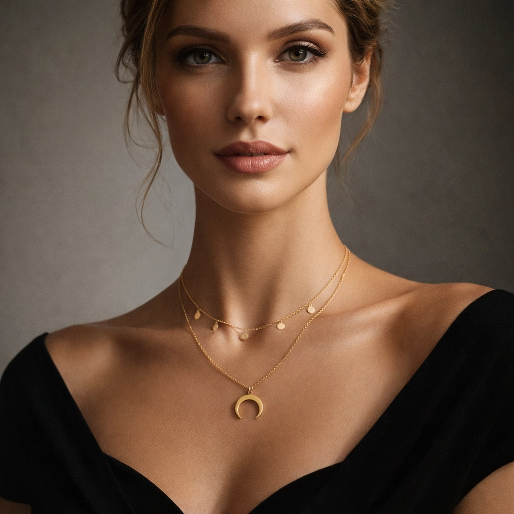 Woman wearing a gold necklace with a crescent moon pendant against a neutral background
