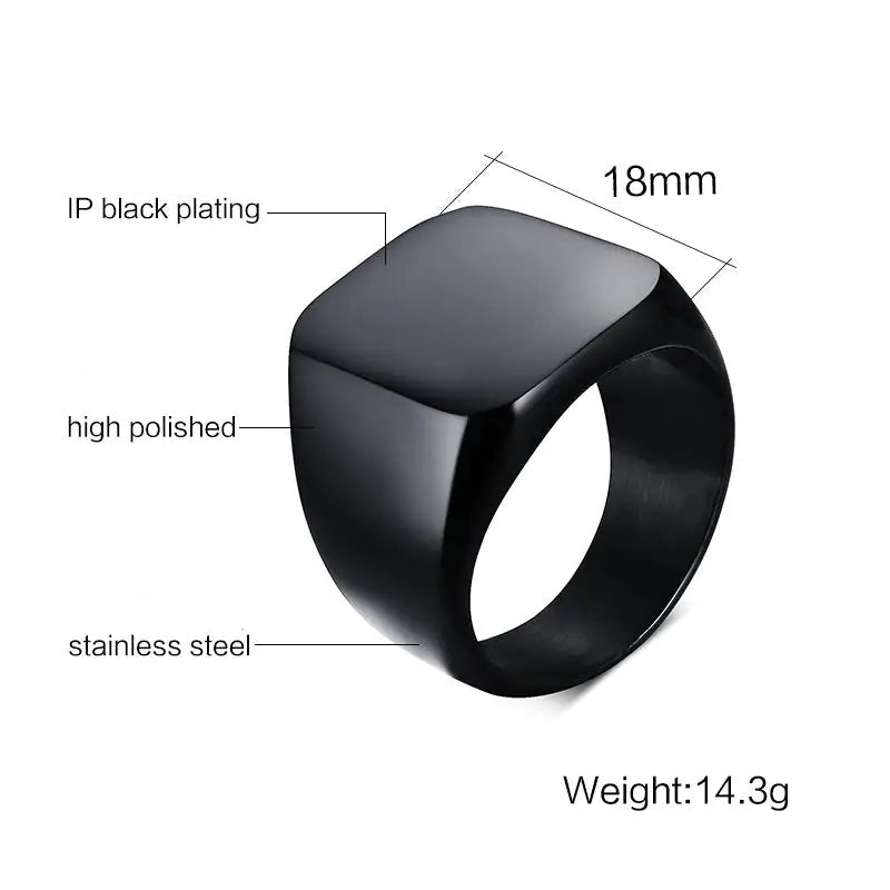 SteelForce Black Ring for men - 316L stainless steel band
 with specifications on a white background