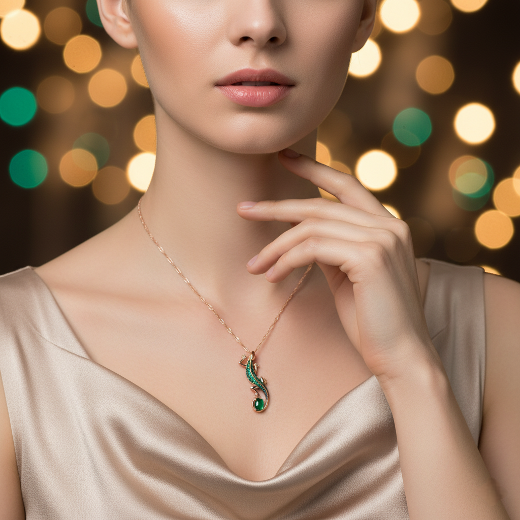 Woman wearing a necklace with a green pendant against a blurred lights background