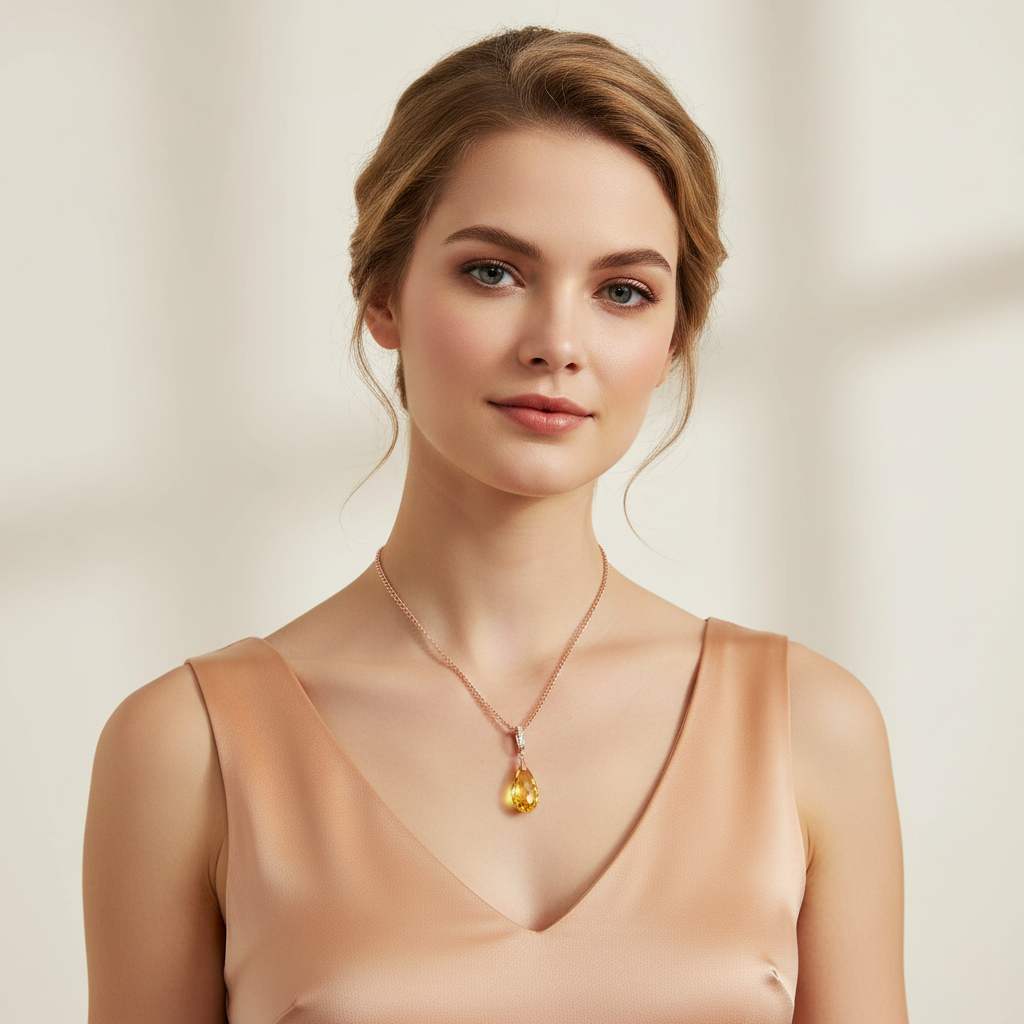 Woman wearing a necklace with a yellow pendant against a beige background