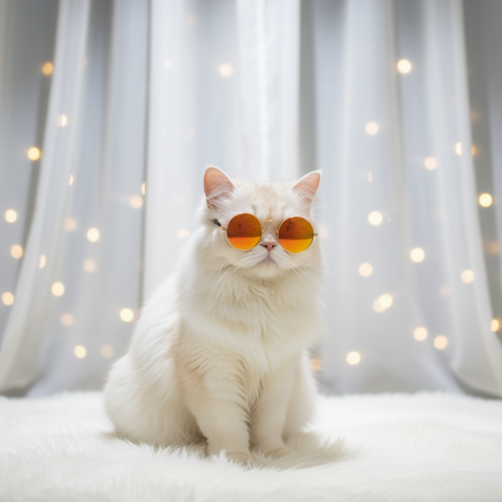 White cat wearing orange sunglasses sitting on a white surface with a soft, neutral background