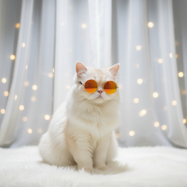 White cat wearing orange sunglasses sitting on a white surface with a soft, neutral background