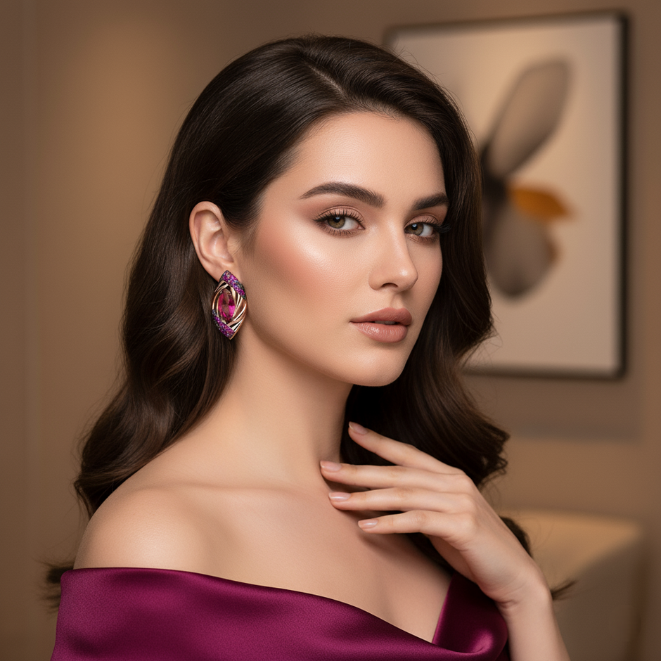 Woman wearing a purple top and earrings with a blurred background