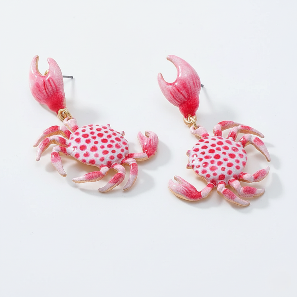 Pink crab-shaped earrings on a white background
