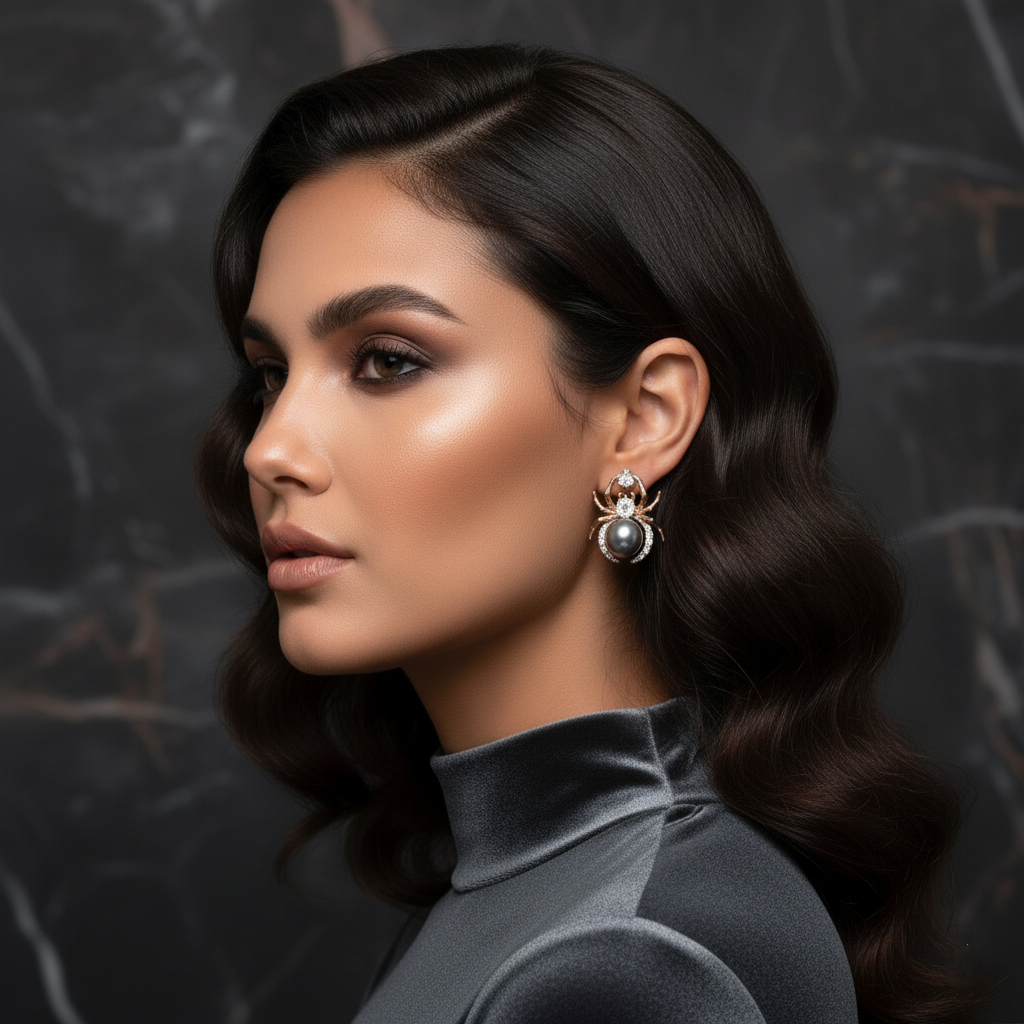 pair of rose gold plated copper spider-shaped pearl earrings with cubic zirconia accents. 