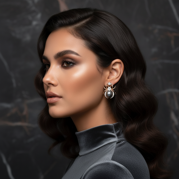 pair of rose gold plated copper spider-shaped pearl earrings with cubic zirconia accents. 