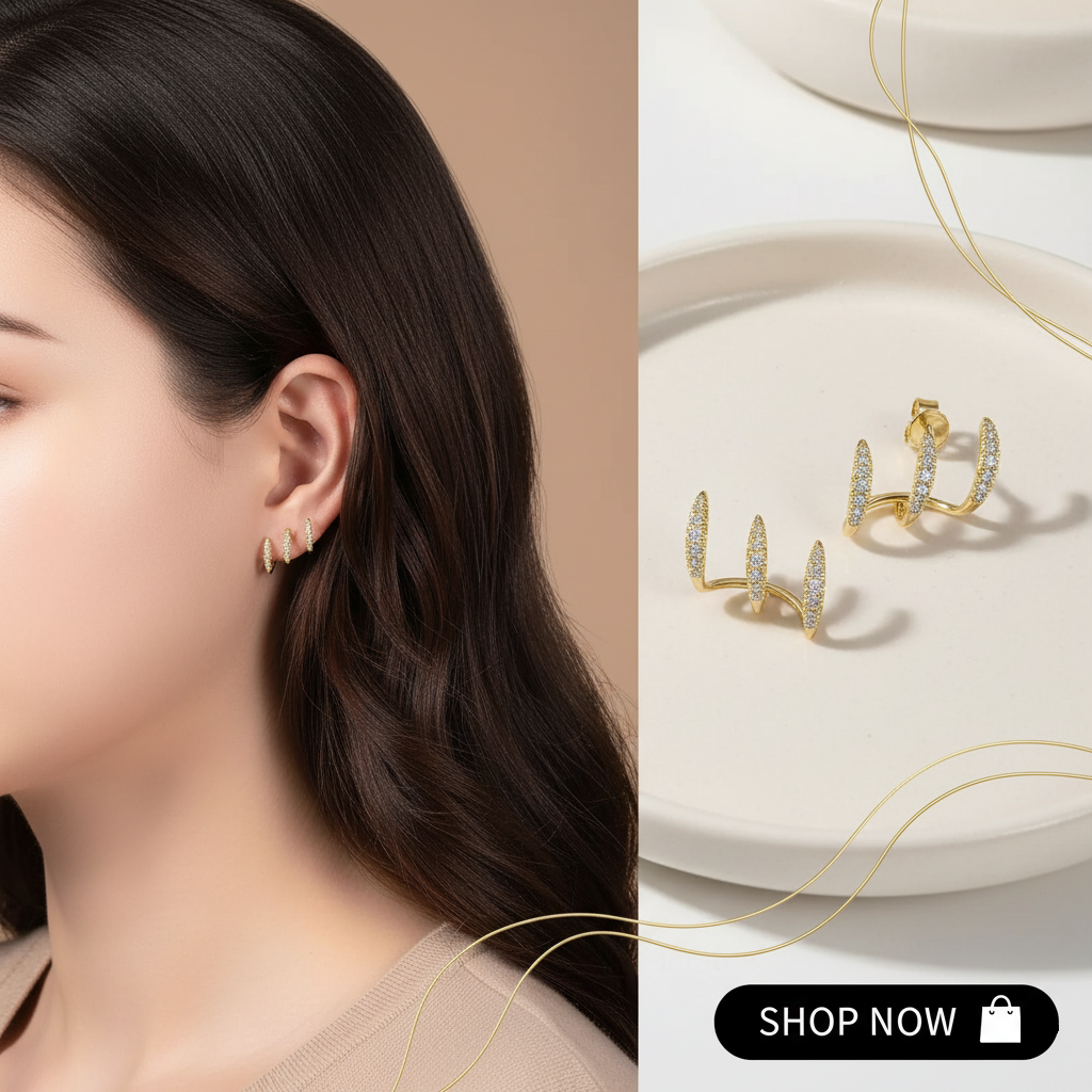 Gold earrings worn by a model and displayed on a white dish with 'Shop Now' button.