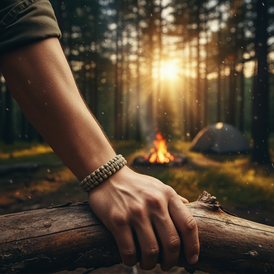 Hand holding a log with a campfire and tent in the background during sunset.