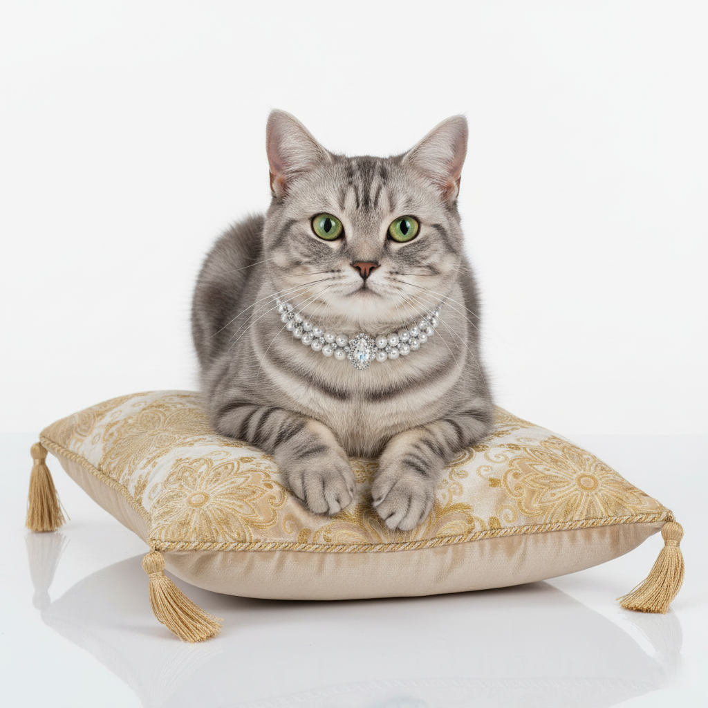 Cat wearing a diamond necklace on an ornate pillow with a white background
