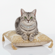 Cat wearing a diamond necklace on an ornate pillow with a white background