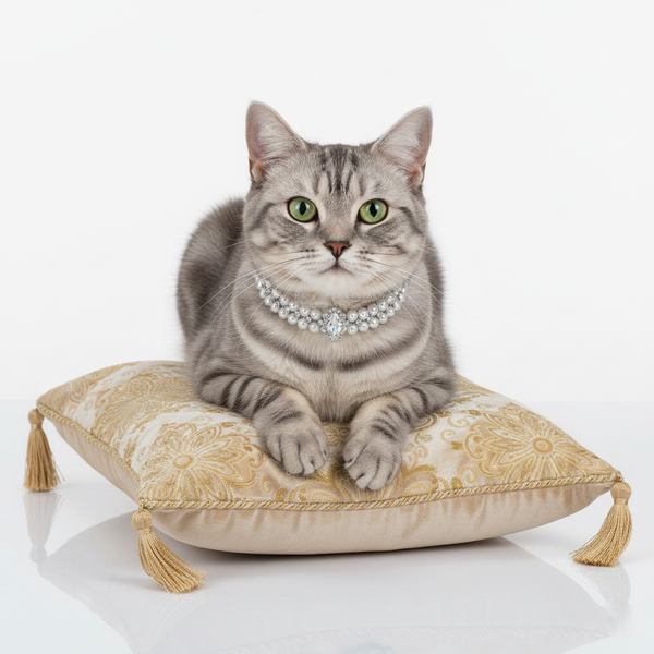 Cat wearing a diamond necklace on an ornate pillow with a white background
