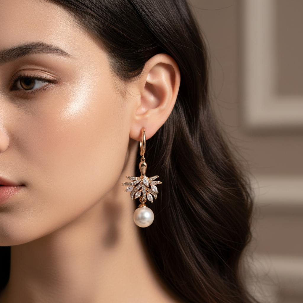 Close-up of a woman wearing a pearl earring with a blurred background